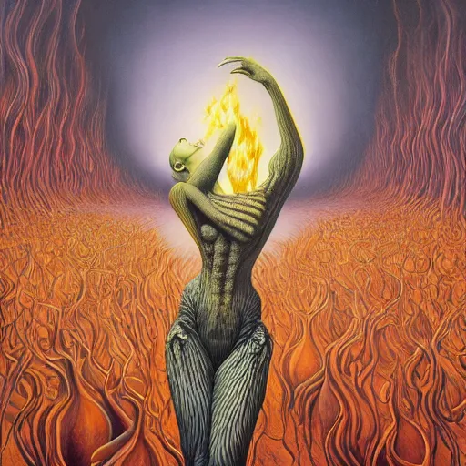 Image similar to a woman dancing with fire jacek yerka, alex gray, zdzisław beksiński, dariusz zawadzki, jeffrey smith and h.r. giger, oil on canvas, 8k highly professionally detailed, trending on artstation