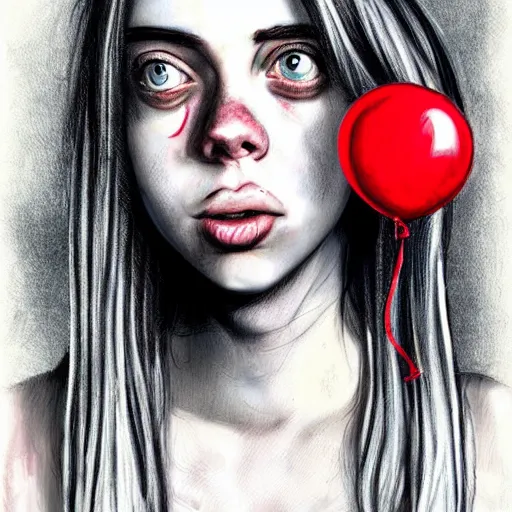 Prompt: surrealism grunge cartoon portrait sketch of billie eilish with a wide smile and a red balloon by - michael karcz, loony toons style, comic book style, horror theme, detailed, elegant, intricate
