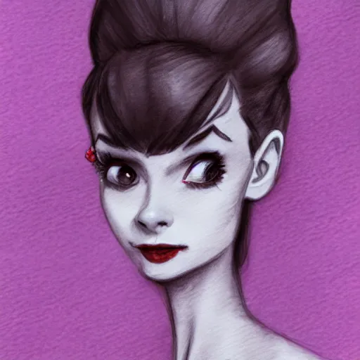 Image similar to an adorable vampire fairy inspired by audrey hepburn and kristen ritter, 8 k resolution whimsical watercolor pencil drawing, deviantart artstation