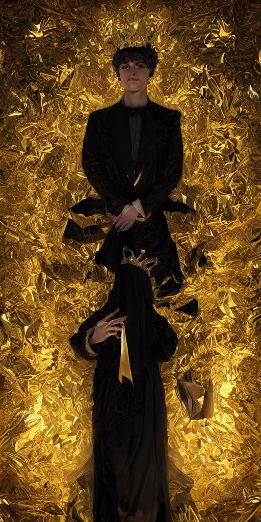 Image similar to young Camilo wearing a golden crown and a black tissue paper prince tuxedo by Prada. ethereal, fantasy, Lawrence Alma-Tadema, James Jean, oozium, peter morbacher, angelarium, alchemy, luxury, heavenly light, Soft illumination, Trending on artstation, Cinematic Lighting, very detailed, 3D, octane render, artgerm