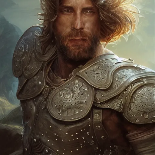 Image similar to portrait of a ruggedly handsome paladin, soft hair, muscular, half body, leather, hairy, d & d, fantasy, intricate, elegant, highly detailed, digital painting, artstation, concept art, smooth, sharp focus, illustration, art by artgerm and greg rutkowski and alphonse mucha