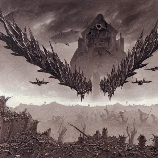 Image similar to a group of ominous deathwings flying above a destroyed village in the style of Zdzisław Beksiński