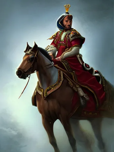 Image similar to a handsome man weaing a silk robe, happy and disarmed, laurels of glory, returns to home triunphantly mounted in a horse. full of pride. victorirous. prideful.. intricate, elegant, highly detailed, digital painting, artstation, concept art, sharp focus, illustration, by justin gerard and artgerm, 8 k