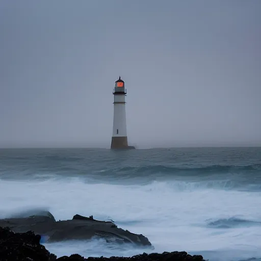 Image similar to stormy ocean at night, lighthouse in the background concealed by fog