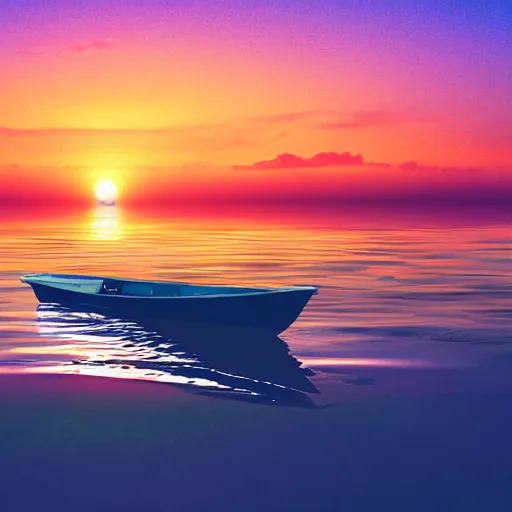 Image similar to a boat chilling on the beach, sunset, vaporwave