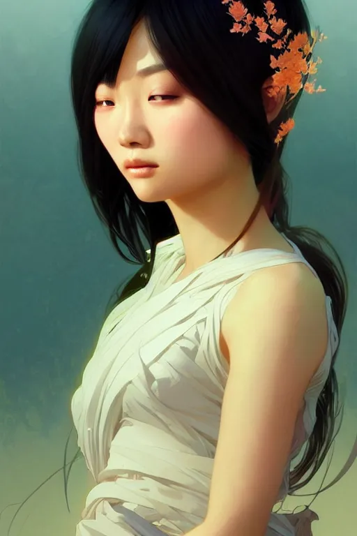 Image similar to a beautiful asian girl, fantasy, portrait, sharp focus, intricate, elegant, digital painting, artstation, matte, highly detailed, concept art, illustration, ambient lighting, art by ilya kuvshinov, artgerm, Alphonse mucha, and Greg Rutkowski