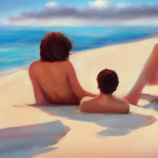 Image similar to a beautiful couple relaxing on the beach, studio ghibi, Trending on artstation