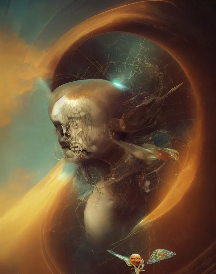 Prompt: symmetrical. Liminal space in outer space by Roberto Ferri. beautiful princess. human skull jellyfish butterfly phoenix head. burning water. intricate artwork by Tooth | Wu wlop | beeple and dan mumford and greg rutkowski. halo. octane render cinematic hyper realism octane render 8k depth of field bokeh. iridescent accents.
