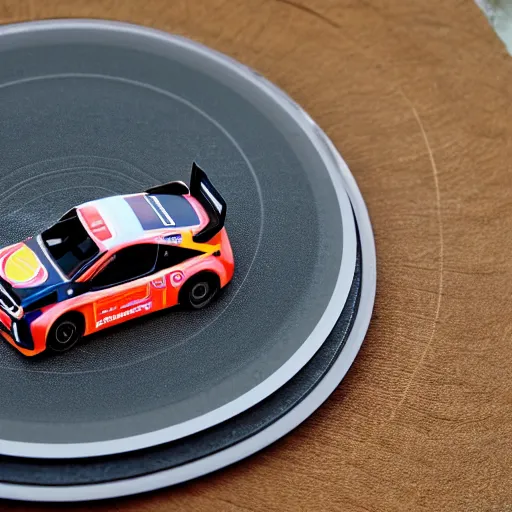 Image similar to tiny wrc car drifting on the surface of a vinyl record. closeup, detailed photo