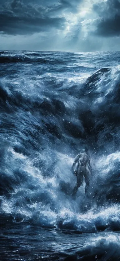 Prompt: colossus made of water, made of liquid, rising up from ocean, water armor, high detail, high contrast, close up portrait, studio lighting, stormy seas, beautiful, bokeh, snowy, storm clouds, god rays, d & d, fantasy, elegant, aquamarine color palette, concept art, roger deakins and greg rutkowski and alphonse mucha