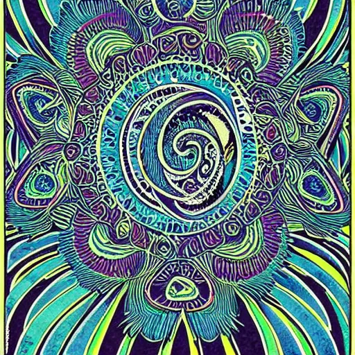 Image similar to Fillmore concert poster for The Bozone April 20, 1969 by Victor Moscoso and S. Clay Wilson, psychedelic, intricate paisley filigree mandala, day-glo colors, flowing lettering