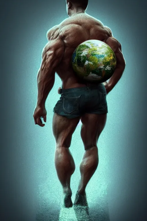 Image similar to a muscular man carrying the Earth on his back, big beard, bold, hyperrealistic, concept art, octane render, unreal engine 5, trending on Artstation, high quality, highly detailed, 8K, soft lighting, anatomically correct, five fingers, blue background, geometric, digital art, trending on DeviantArt, matte painting, fantasy style, dramatic lighting, cinematic