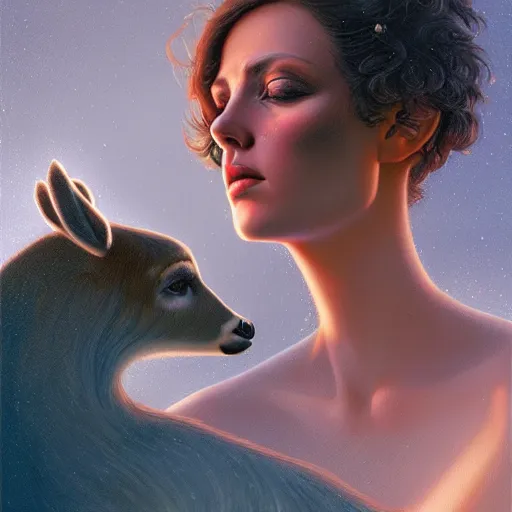 Image similar to a dramatic portrait of a woman showing affection to deer, cinematic lighting, symmetric face by karol bak, christopher balaskas