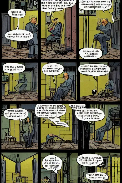 Prompt: An old man in his 80’s with a cane falls on the floor in a toilet, Diwani calligrapher using bamboo pen, cinematic lighting, rule of thirds, comic by Dave Gibbons