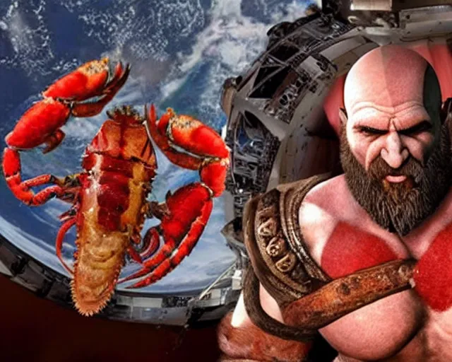 Image similar to kratos from the god of war videogame eating a whole lobster in the international space station