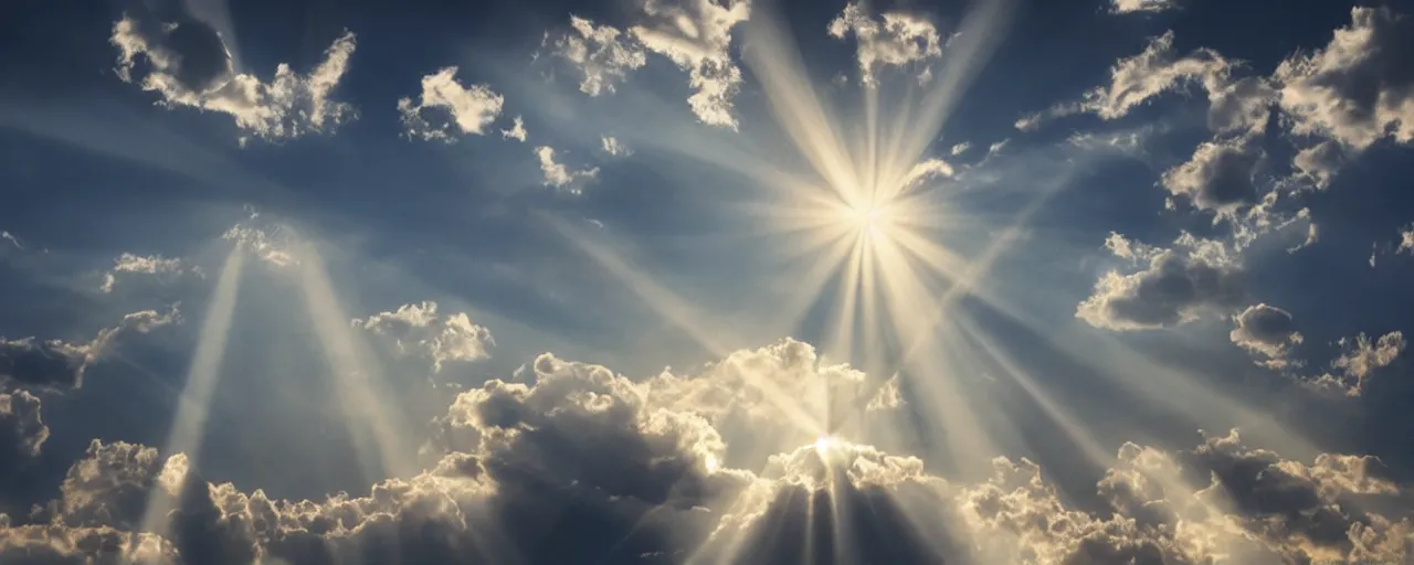 Image similar to god reaching down in a ray of light with his mighty hand, god ray, glowing, dreamy, religion, clouds, the lord