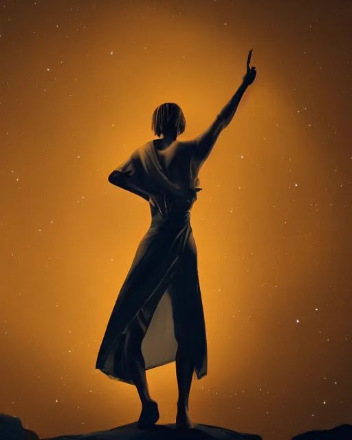 Image similar to kipo standing under the stars with an arm raised to the night sky, in professional makeup, dramatic lighting, by radford sechrist, 4 k, trending on artstation