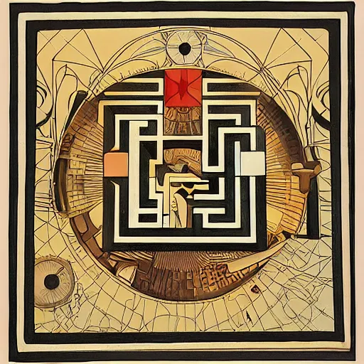 Image similar to maze labyrinth steampunk by albert gleizes and by hilma klint, hd, no border, vivid colors