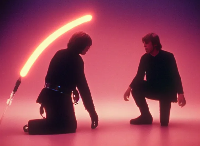 Prompt: Luke skywalker kneels before a star wars alien oracle, a mystic with infinite knowledge of time. in a foggy pink land. still from the 1983 film directed by David Lynch. Photographed with Leica Summilux-M 24 mm lens, ISO 100, f/8, Portra 400