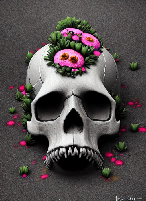 Prompt: overgrown skull with flowers sprouting out of cracks in its eyes hyperrealistic emissive beautfiul artstation portfolio trending concept hardsurface modeling