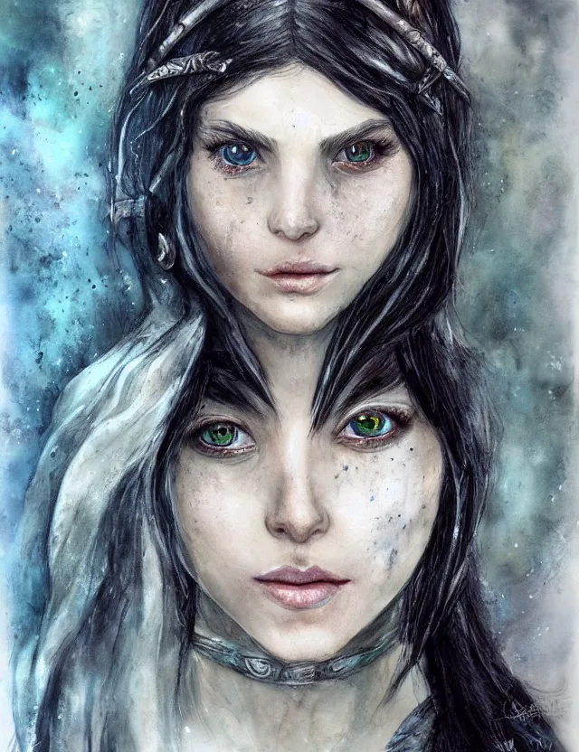 Prompt: portrait of a beautiful young sorceress from skyrim, beautiful eyes, long black hair, aquarelle, realistic painting, freckles, 2 / 4 headshot