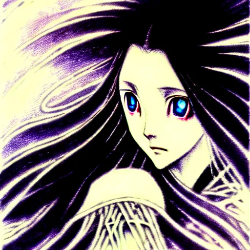 Image similar to yoshitaka amano blurred and dreamy illustration of an anime girl with black eyes, wavy white hair fluttering in the wind wearing elden ring armor and engraving, abstract black and white patterns on the background, noisy film grain effect, highly detailed, renaissance oil painting, weird portrait angle, blurred lost edges, three quarter view