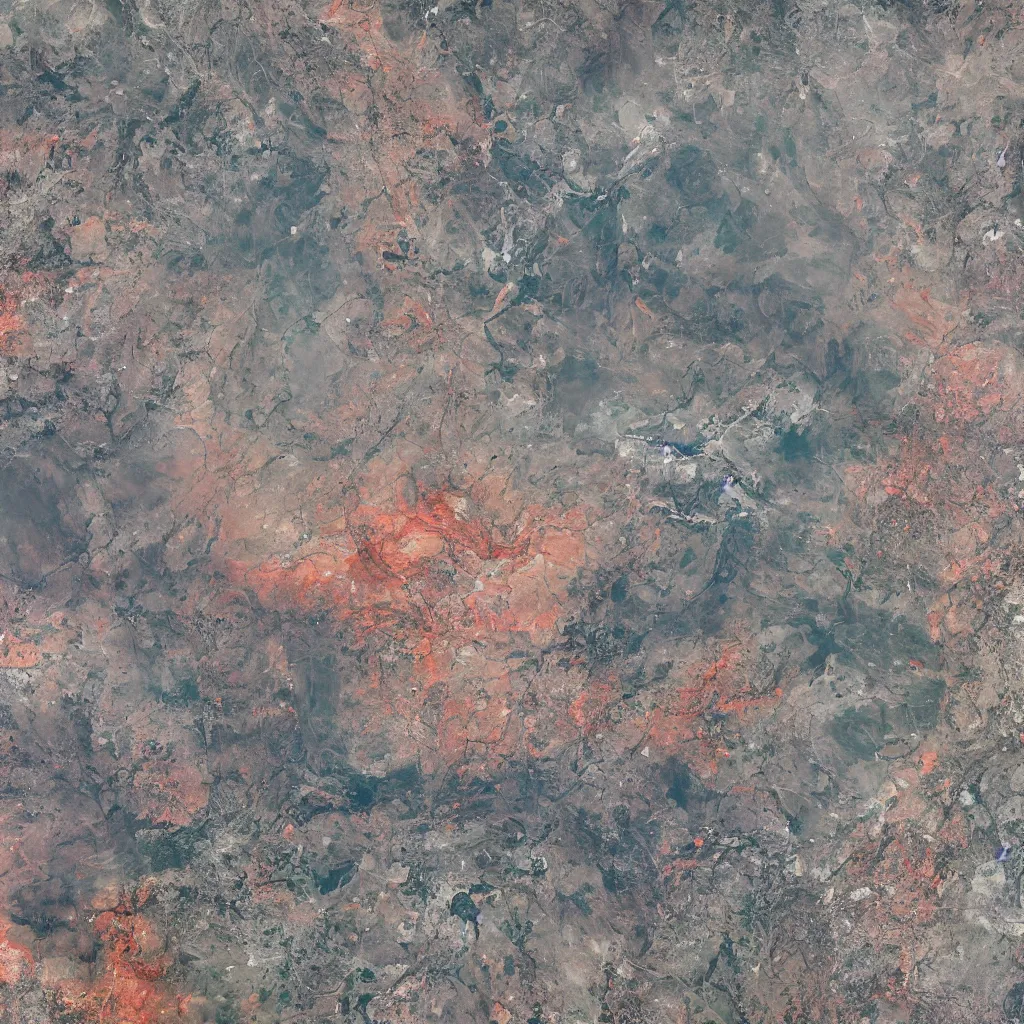 Image similar to a very polluted landscape seen by sentinel or landsat satellite during the night with red rivers and oceans surrounded by urban sediment, photorealistic, high resolution, best quality