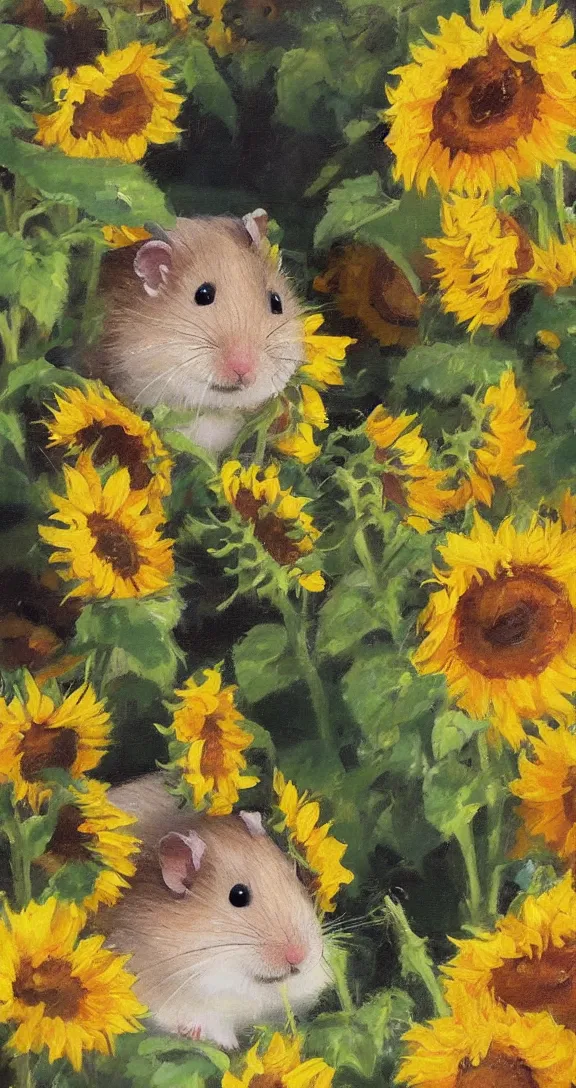 Image similar to a highly detailed beautiful portrait of a cute little hamster surrounded by beautiful sunflowers, by gregory manchess, james gurney, james jean