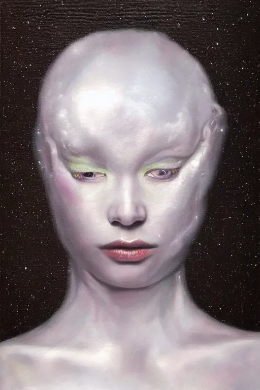 Image similar to hyperrealism oil painting, close - up portrait of albino medieval fashion model, black silk, steel gradient mixed with nebula sky, in style of baroque