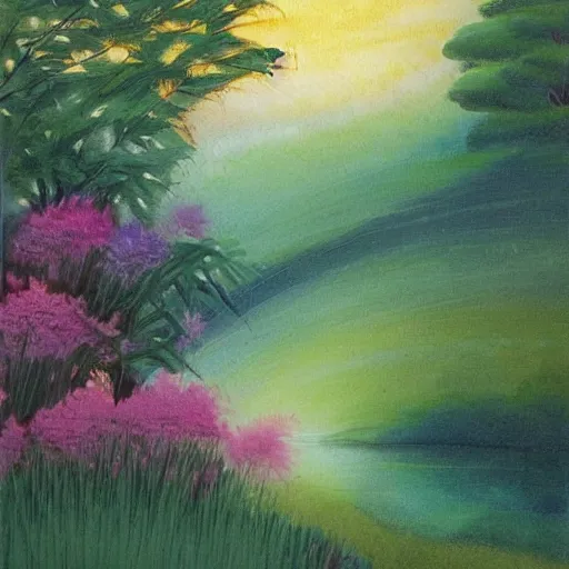 Image similar to A illustration of a beautiful landscape, delicate brushstrokes. peaceful & serene, with a gentle breeze blowing through the trees & flowers. colors are muted & gentle, calm & tranquility. well balanced & harmonious. color & composition, pleasing to the eye & calming to the soul. rainbow by Ed Emshwiller ornamented, exciting