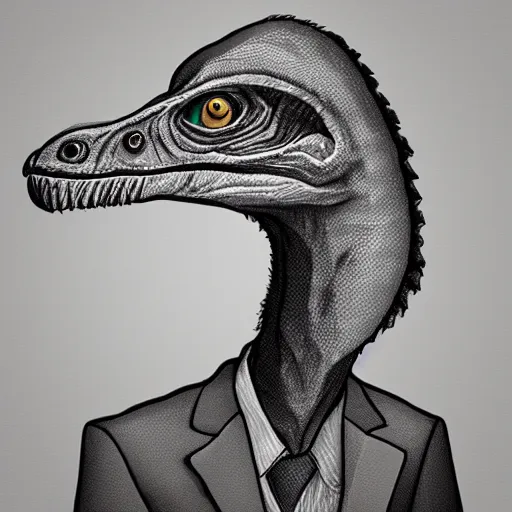 Prompt: velociraptor wearing a suit, photorealistic