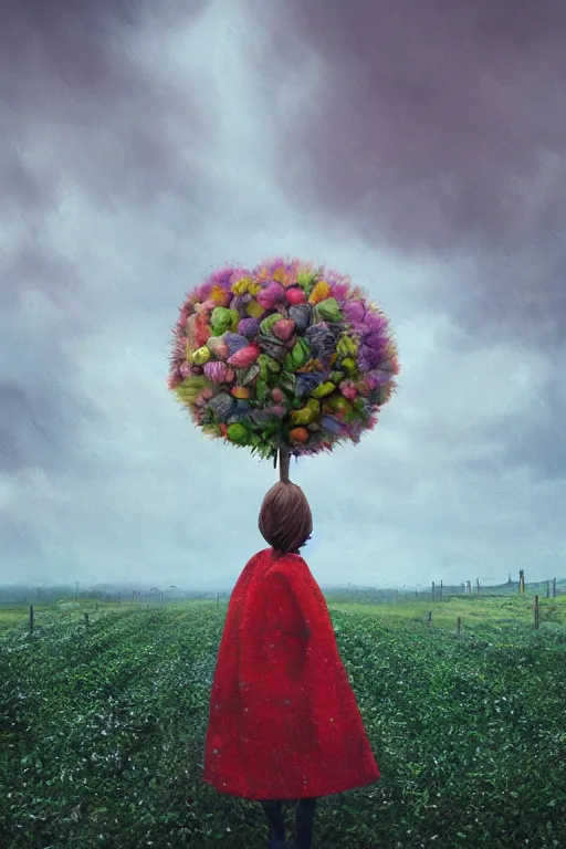 Image similar to portrait, giant flower head, a girl with coat between hedges, surreal photography, wind and cold, dramatic sky, impressionist painting, digital painting, artstation, simon stalenhag