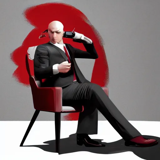 Image similar to a portrait of agent 4 7 from hitman wearing headphones, sitting in a room full of vinyl records, dark background, red rim light, highly detailed, digital art, artstation, concept art