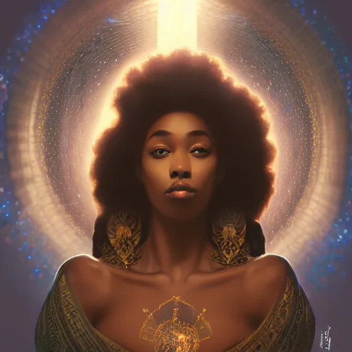 Prompt: black african princess, warm volumetric lighting, cosmic, symmetric, highly detailed, elegant, concept art, heavenly, god rays, glowing aura, intricate, sharp focus, illustration, alexandros pyromallis, bouguereau, rutkowski, artgerm, alphonse mucha, giger