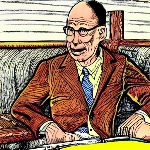 Image similar to The Artwork of R. Crumb and his Cheap Suit Klaus Schwab and Elizabeth Warren, pencil and colored marker artwork, trailer-trash lifestyle