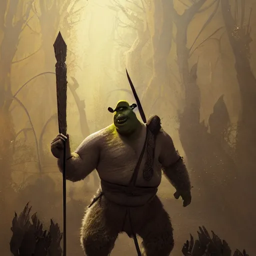 Image similar to shrek as an ancient mythological warrior deity, epic fantasy illustration, portrait, godly and ethereal, by greg rutkowski