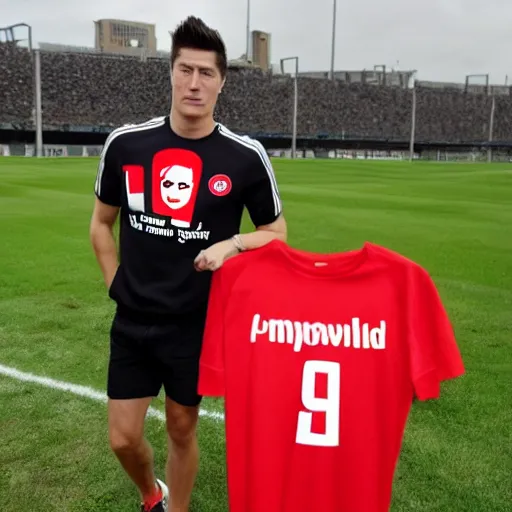 Prompt: robert lewandowski in a kfc t - shirt