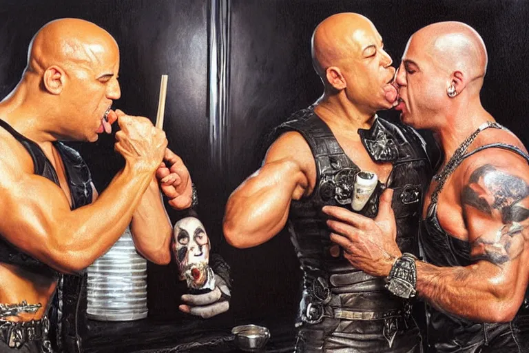 Image similar to vin diesel pouring baked beans into the mouth of paul stanley in kiss makeup, an oil painting by ross tran and thomas kincade