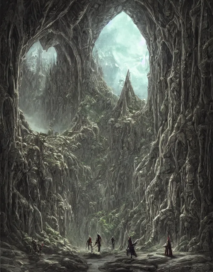 Image similar to a knight in a medieval suit of armor next to an elf wizard walking through a surrealist dimensional gateway that leads into rivendell in the style of john howe