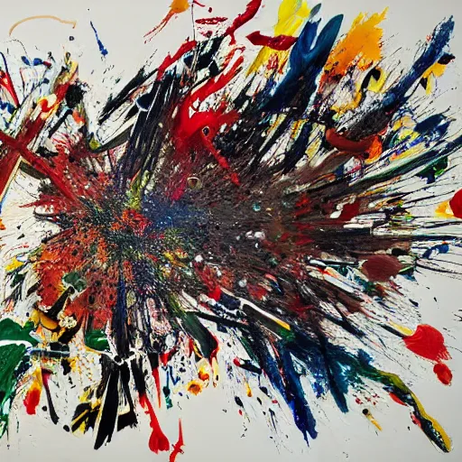 Prompt: a painting with lots of paint splattered on it, an abstract painting by pollock, pixiv, gutai group, artwork, academic art, official art