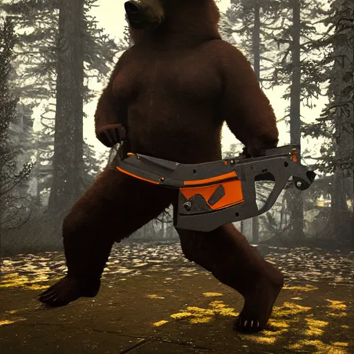 Image similar to bear with chainsaw arms, unreal engine 5, realistic, dark, moody, godrays, 8k