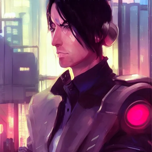 Prompt: An anime portrait of Trent Reznor in a cyberpunk setting, by Stanley Artgerm Lau, WLOP, Rossdraws, James Jean, Andrei Riabovitchev, Marc Simonetti, and Sakimichan, tranding on artstation