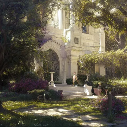 Image similar to white council in rivendel gardens, epic masterpiece of cinematographic hyperrealism, realistic shaded lighting poster by craig mallismo, artgerm, jeremy lipkin and michael garmash, unreal engine, radiant light, detailed and intricate environment, digital art, art station trends