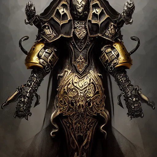 Image similar to dark priest, wearing carved latex armour and transparent black veil, the nine rings of hell, subtle dark gold accents, frontal view, black rococo, emil melmoth, zdzislaw belsinki, craig mullins, artstation