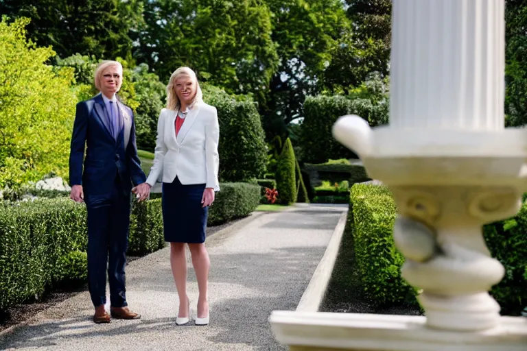 Prompt: beautiful confident smug thirtysomething blonde female president wearing suit alone in the white house rose garden with her two attractive boyfriends, holding hands, photograph, dslr, bokeh, romantic, campaign ad