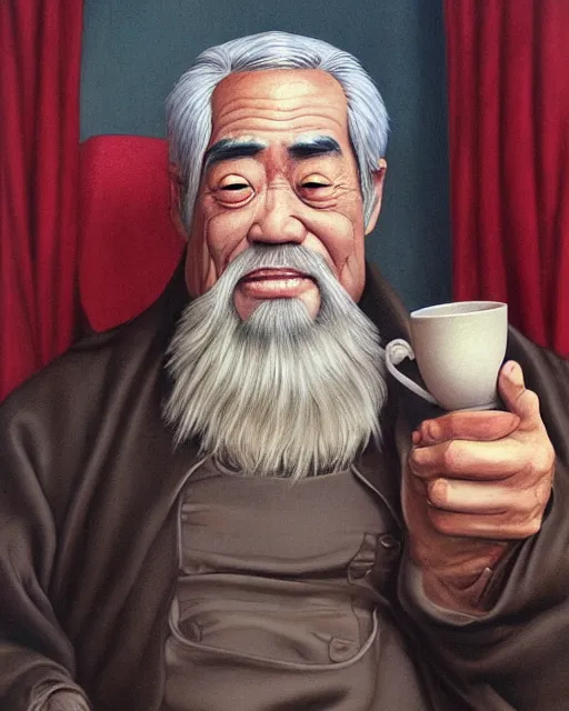 Image similar to real life Uncle Iroh, drinking from a cup of tea, gentle smile, overweight, beautiful, very detailed, hyperrealistic, medium shot, very detailed painting by Glenn Fabry, by Joao Ruas