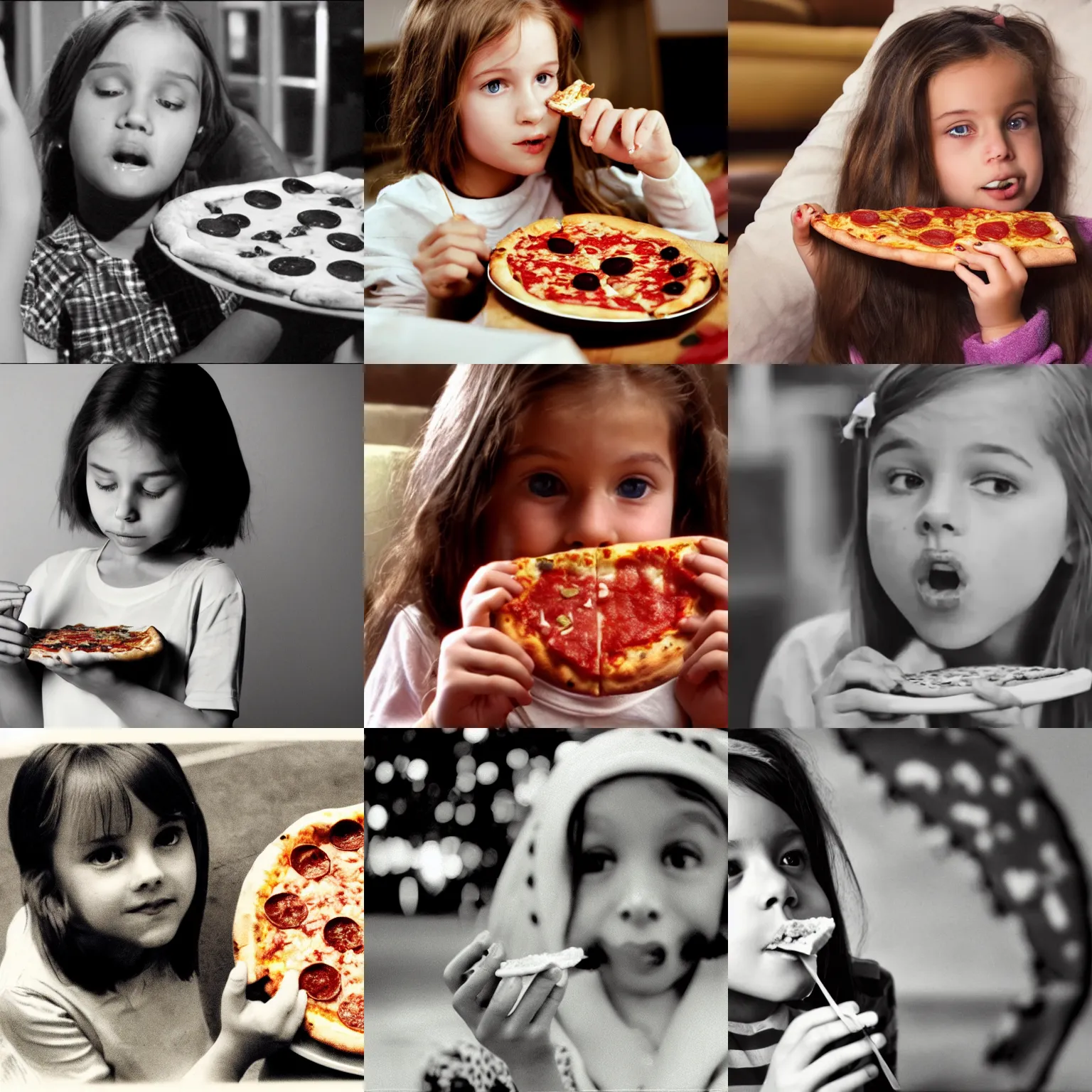 Prompt: a young girl eating a very tasty looking slice of pizza, 0 0 s movie, low quality video, sepia