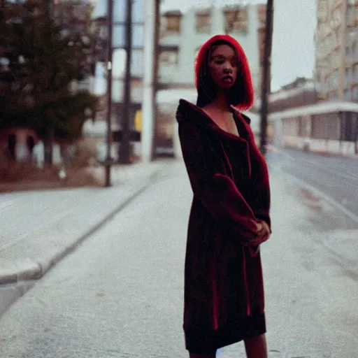 Image similar to realistic! photoshoot for a new vetements lookbook, color film photography, portrait of a beautiful woman, in style of tyler mitchell, 35mm