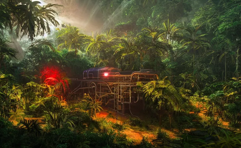 Image similar to a beautiful render of a sci - fi scientific industrial facility localized in a jungle cave, lush flora, patches of yellowish - red - magenta sky, sunset lighting, detailed, hazy, humid, volumetric lighting, god rays, 8 k, photorealistic, raytracing effects, rtx on