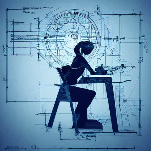 Prompt: Thinking engineer holds her head in hands, blueprints for various technical machines are on the desk, digital art, DeviantArt, illustration